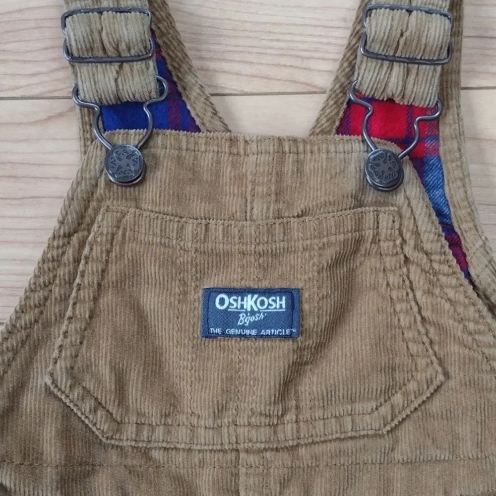 OshKosh B'gosh Tan Corduroy Vestbak Overalls with Flannel Lining 6-9 Months